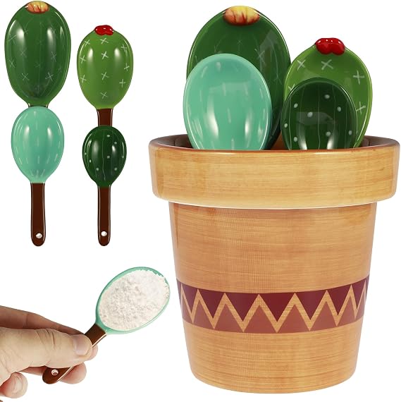 4PCS Ceramic Cactus Measuring Spoons Porcelain Measuring Spoons with Flower Pot Base Cute Stirring Soup Spoon Reusable Set for Home Kitchen (Wavy Pattern)
