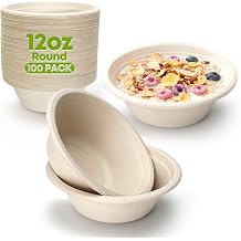 TaidMiao Paper Bowls Disposable - 100 Pack 12 oz Compostable &amp; Biodegradable Bowls; Heavy Duty Sugarcane Fiber Bowls, Microwave Safe; Ideal for Soup, Salads, Pasta &amp; Ice Cream