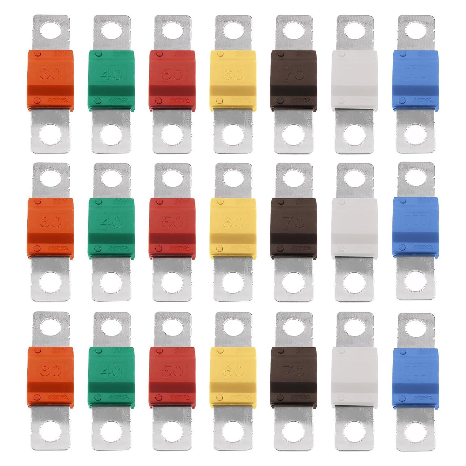 21 Pcs Fuses Set, 32V 30/40/50/60/70/80/100Amp, Compatible with Midi Fuse Holders, Automobile Fuses Bolt-on, High Current Fuse for Car Truck Marine Electric Hybrid Motor Or Audio Systems