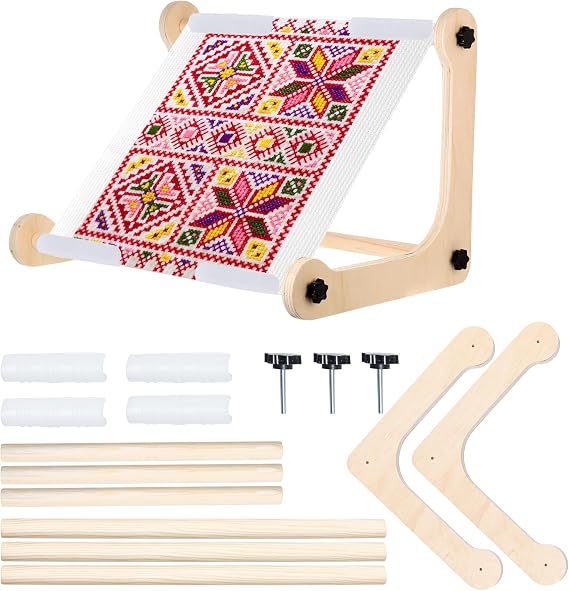 Adjustable Embroidery Table Stand Wood Embroidery Holder Cross Stitch Hoop Stand Hands-Free Cross Stitch Scroll Frame Needlepoint Stand for Lap or Table Top Stitching Sewing Supplies Craft Tool