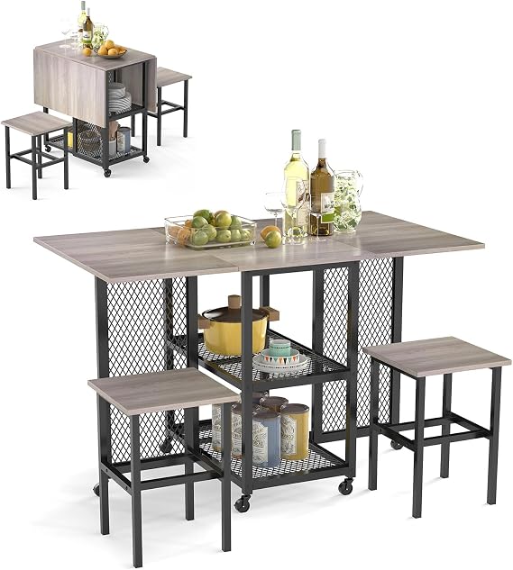 TANGZON Drop Leaf Dining Table and 2 Stools Set, 3 Piece Folding Bar Table Set with 2-Tier Storage Shelf & Wheels, Space-saving Breakfast Table Chairs for Home Dining Living Room Restaurant (Grey)