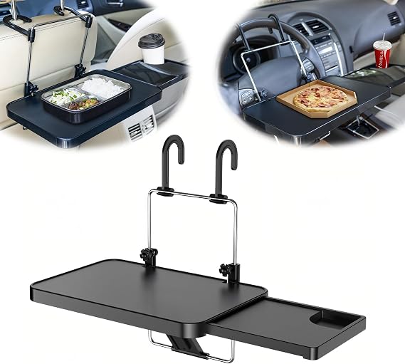Car Steering Wheel Table - Multi-function Car Table for Laptop, Car Travel Accessories for Long Trips, Vehicle Seat Backseat Headrest Table Desk for Food Cup Holder, Car Tray Table for Kids Adults