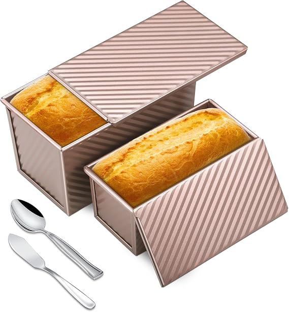 4 Pack Pullman Loaf Tin Set, 450g and 230g Bread Loaf Tin with Spatula and Spoon, Non-Stick Bread Baking Mould for Cake, Toast with Lid