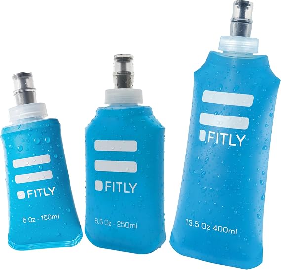 FITLY Soft Flask 3 Pack - 5 oz (150 ml), 8.5oz (250ml), 13.5oz (400ml) - Shrink As You Drink Soft Water Bottle for Hydration Pack - Folding Water Bottle for Running & Hiking