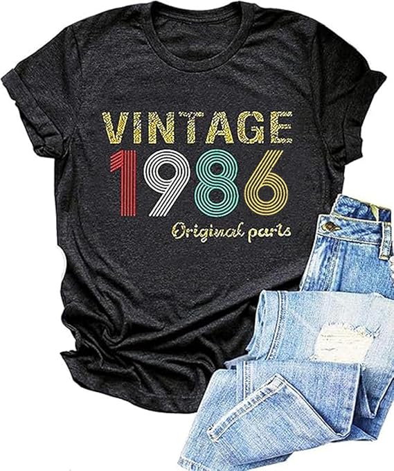 40歳の誕生日プレゼント 女性用 ヴィンテージ 1986 シャツ かわいい レトロ Bd トップス レタープリント 半袖 カジュアル Tシャツ