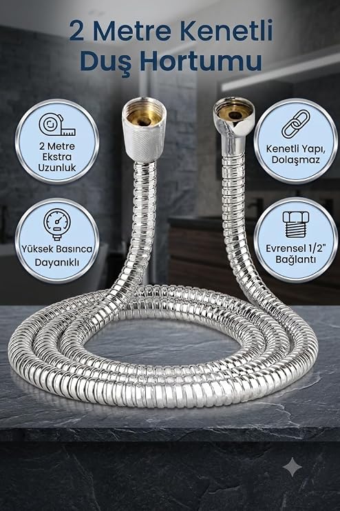 Ahlez Banyo Spiral Duş Hortumu 2 Metre Kenetli Duş Hortum Zinciri