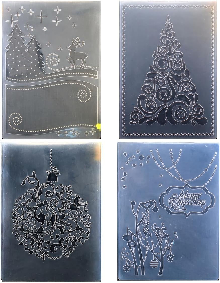 Kwan Crafts 4 pcs Different Style Christmas Deer Tree Giftbox Plastic Embossing Folders for Card Making Scrapbooking and Other Paper Crafts