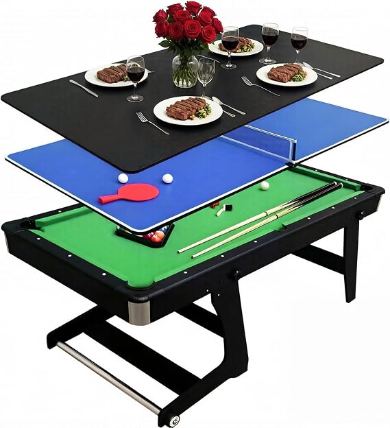 DRM Foldable 3-in-1 Multi-Functional Game Table with Wheels and All Accessories, Space Saving Family Leisure Game Table Set, Table Tennis Table, Dinning Table, 6FT