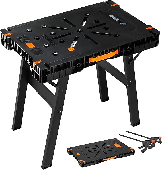 TLGREEN Folding Work Table,Express Portable Workbench, 34" W x 22" D x 31" H Lightweight Workbench with 2 Clamps Dogs, 2 Clamp,Power Strip,for Garage,Table Saw,Home,Workshop,330lbs Load Capacity