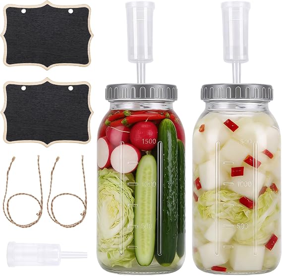 2 Pack Large Fermentation Jars with Airlock and Screw Lid 2L Capacity, Sauerkraut Fermenting Jar Sourdough Starter Jar Kimchi Container Kombucha Jar