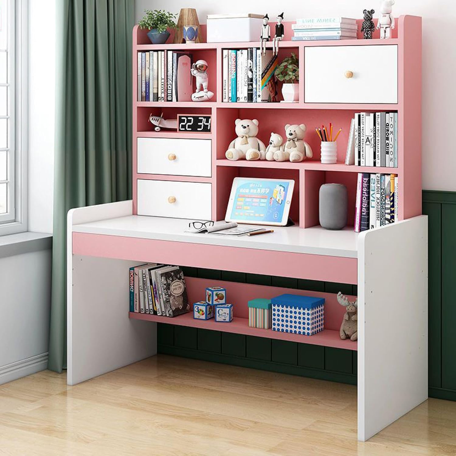 FAANAS Computer Desk with 2 Storage Drawers & Bookshelf, Adjustable Height Writing Study Desk Teenager Compact Desk & Workstations for Girl Boy120cm, Pink