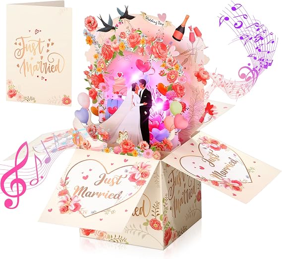 Wedding Card with Music and Light, Just Married 3D Pop Up Wedding Cards