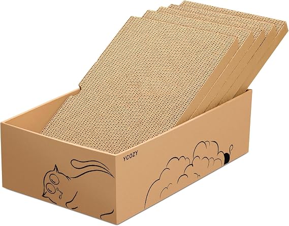 Ycozy Cardboard Cat Scratcher, Large Scratcher Box with 5 Corrugated Cardboard Refills, Scratcher for Large Cats and Kittens, Reversible and Recyclable