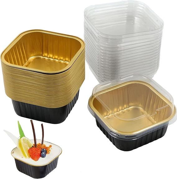 Mini Cup Aluminium Foil with Lid – Molds for Souffle Baking Muffins Bowl Pasta Proof Oven Cooking BBQ Making Cakes Desserts Food Heat Family Muffin The Party, 30 Pieces