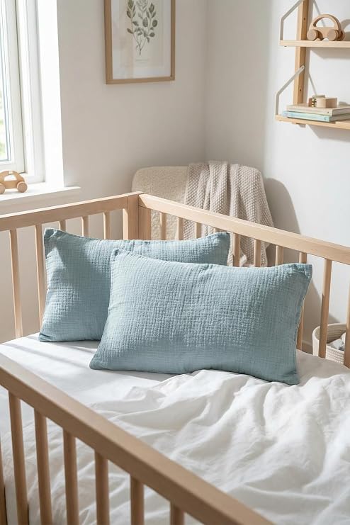 HAMUR Çift Katlı Müslin Çocuk Yastık Kılıfı%100 Pamuk 35x45 cm 2'li Bebek Çocuk Kılıf Seti Mavi