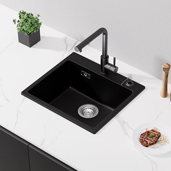 CECIPA Kitchen Sink 50 x 45 cm, Granite Kitchen Sink, Single Bowl Sink, 80% Sand Quartz Kitchen Sink with Siphon and Lid, Black