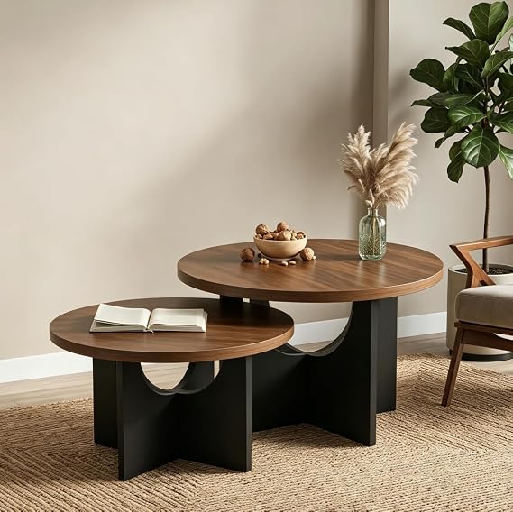 Pantanal Round Nesting Coffee Tables Set of 2, Walnut Wood Nested Side Tables Stacking for Sofa Bed Living Room Bedroom