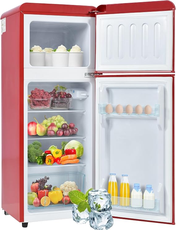 Retro Refrigerator Fridge-Freezer Combo, Two-Door, 92 Liters Total Volume, 28 Liters Freezer, 116 kWh/Year, LED Lighting, Energy Class D, Suitable for Home Use
