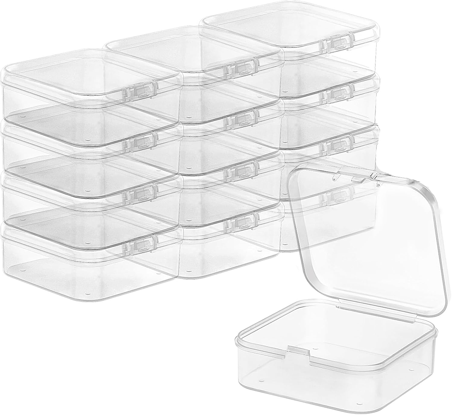 TRUEIN 12 Small Plastic Boxes with Lids, Mini Clear Bead Storage Containers, Square Box Case with Hinged Lid, 2.36 X 2.36 X 0.79 Inch, Box Case Organizers for Pills, Beads, Jewellery, Craft Items