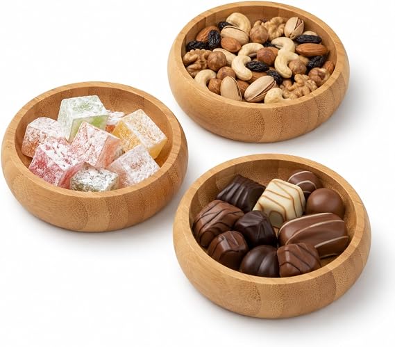 Yuvarlak Bambu 3'lü Çerezlik, Küçük Çerez Kasesi, Saklama Kabı Takımı, Sosluk Sos Kasesi, Lokum Çikolata Fındık Fıstık Kuruyemiş Sunum Seti