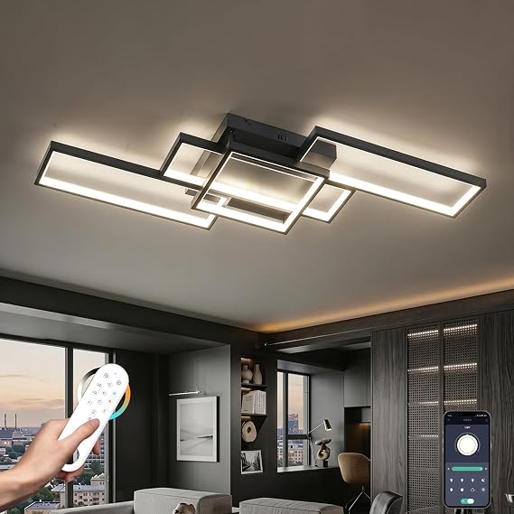 85cm LED Ceiling Light Dimmable, Modern Rectangular Ceiling Lamp for Living Room Bedroom, APP & Remote Control, Flicker-Free with Memory Function & Control Lock (Black) [Energy Class E]