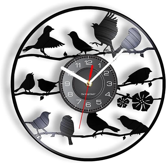 12 Inch Wall Clock Handcarved Birds Silhouette Vinyl LP Record Wall Clock Animal Home Decor Retro Silent Wall Watch Vinyl Disk Crafts Aviarist Gift