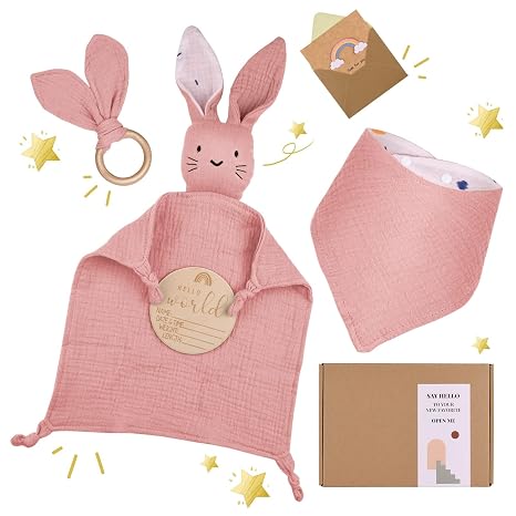 Baby Gift Girl - Gifts for Birth Gifts for Birth for Girls with 100% Cotton Comforter + Bib + Teether + Baby Wooden Sign