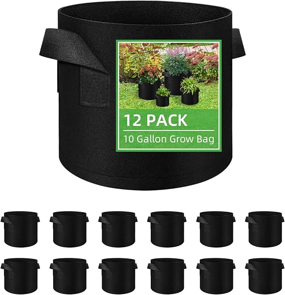 12 Pack Vegetable Grow Bags, Gardening Plant Growing Bags Breathable Non-woven Fabric Plant Pots with Handles Indoor & Outdoor Grow Containers for Vegetable/Flower/Plant/Fruits, 10 Gallon(Black)