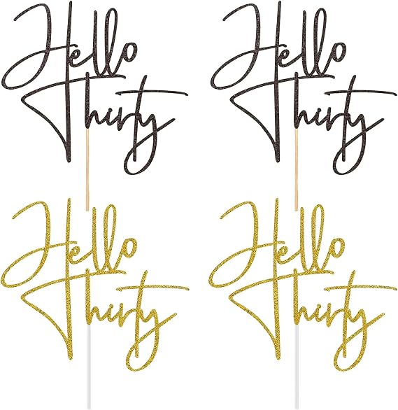 30th Birthday Cake Topper, Glitter Cake Topper with Hello Thirty Sign, 4Pcs