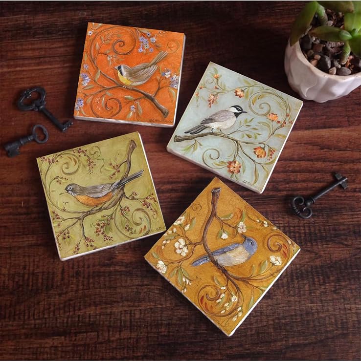 Serçe Kuş Taş Bardak Altlığı Seti - 4 Parça - Dekoratif, Rustik Mutfak Aksesuarı, 10x10 cm, Kaydırmaz Tabanlı, Şık ve Dayanıklı SC101