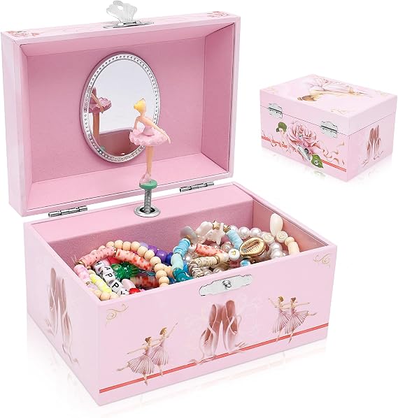 Musical Jewellery Box, Wood Music Box with Ballerina & Lids, Childrens Jewellery Boxes for Bracelet Ring Necklasem Hairclip Jewelry Boxes for Girls Kids Gifts Toys (Pink)