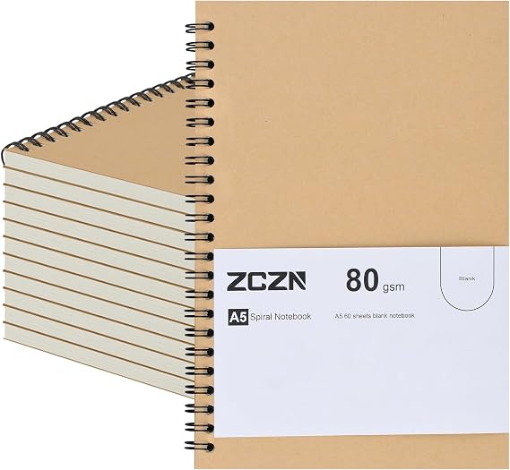 ZCZN Notebook A5 White Sheets Notebooks 12 Pack Spiral Notebook with Kraft Cover, 60 Sheets/120 Pages for Travelling, Drawing, Writing