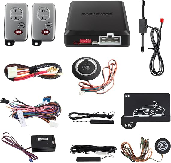EASYGUARD rolling code PKE car alarm system with passive keyless entry remote start push button start stop NFC entry shock sensor warning auto locking unlocking car doors ec002-t-ns