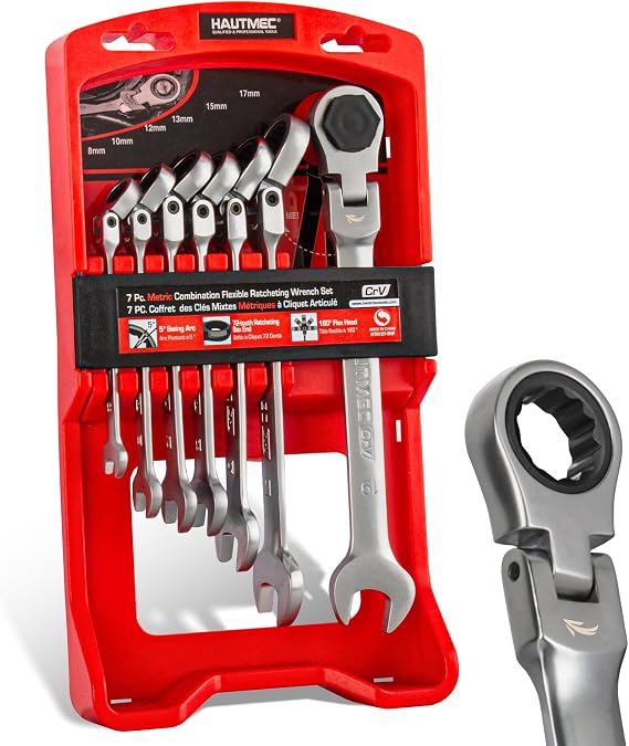 HAUTMEC 7-Piece Flex Head Ratchet Spanner Set, Ratcheting Combination Wrench Set with 72-Tooth 5° Swing Arc, 180° Pivoting Head, Metric 8-19mm, CRV Steel Mechanics Tools for Mechanics, Auto Repair