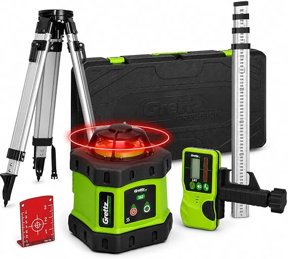 Grettz G60 Rotary Laser Level Kit – Red Beam, Self-Levelling, 400m Range with Receiver, ±3mm Accuracy – Includes Aluminium Tripod, 2m Staff & Hard Case – Outdoor Site Laser