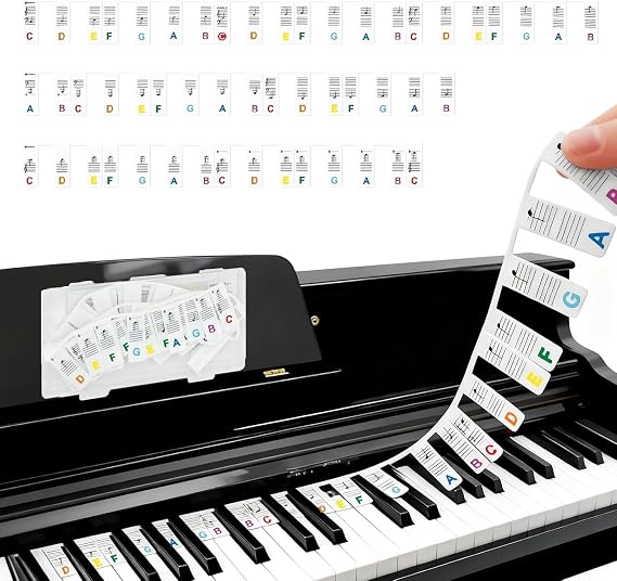 Removable Piano Keyboard Note Labels, Reusable 88 Key Full Size Universal Piano Notes Guide, No Need Stickers, Piano Notes Overlay with Box, Silicone Music Label for Beginners (Colorful Text)