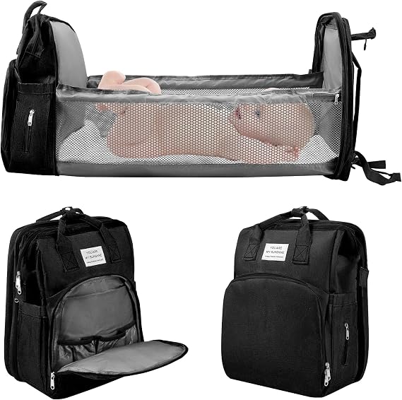 Baby Changing Bag Backpack, Portable Nappy Changing Backpack with Foldable Cot Bed, Large Capacity Baby Diaper Bag with Changing Mat,Waterproof Mummy Shoulder Bag for Travel with Stroller Straps,Black