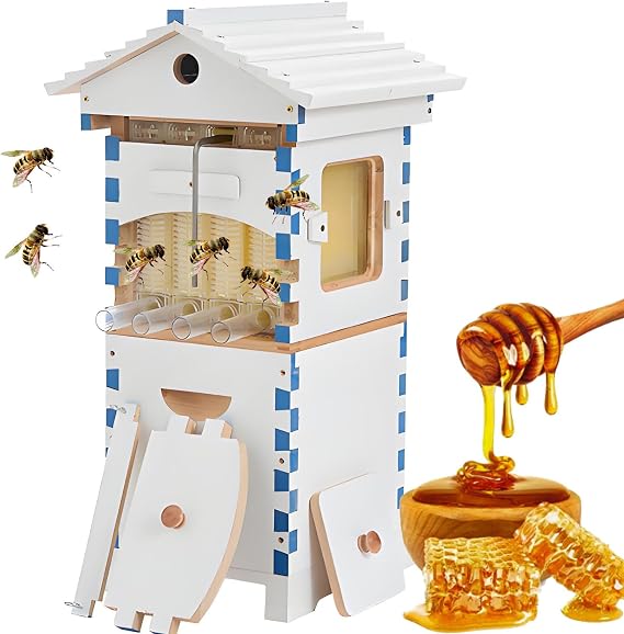 Beehive Starter Kit, Self-Flow Hive with Observation Window & Honey Spout, Complete Wooden Bee Box with 4 Frames & 6 Honeycomb Trays, for Garden Pollinators