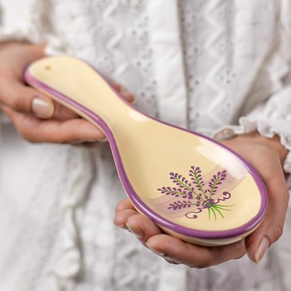 City to Cottage Lavender Pattern Purple And Cream Handmade Hand Painted Ceramic Kitchen Cooking Spoon Rest Utensil Holder