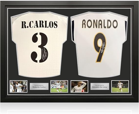 Roberto Carlos & Ronaldo Nazário Signed Real Madrid Football Shirts. Framed