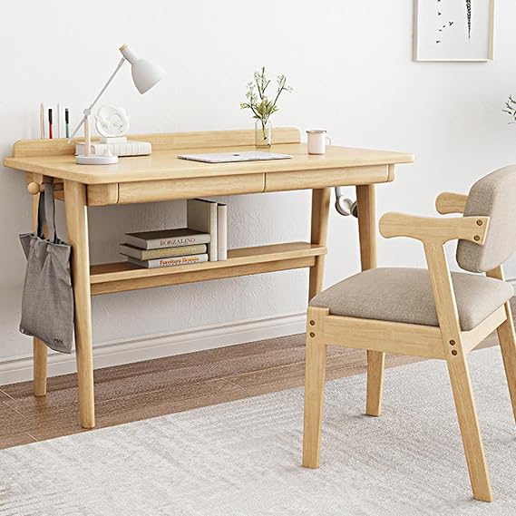 100% Solid Oak Wood Desk, Writing Desk with Drawers and Storage Shelves Mid-Century Modern Home Office Desk Small Study Table for Bedroom(47 Inch, Natural)
