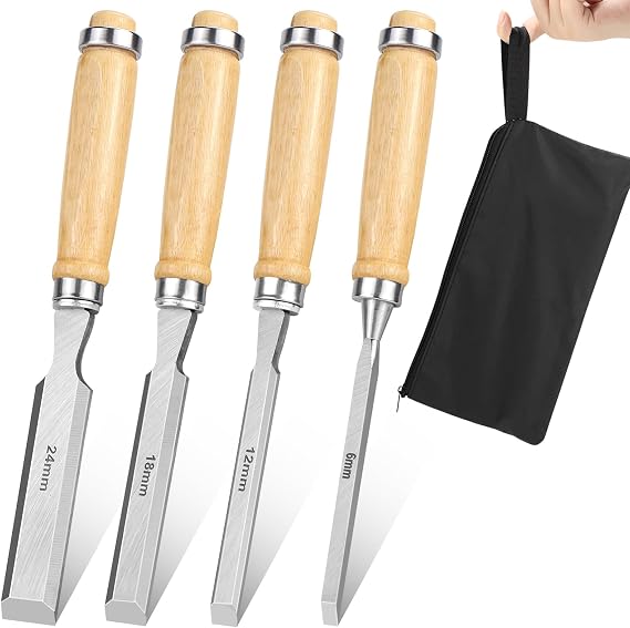 Mumjooyi Woodworking Chisel Set 4-piece 6 12 19 24mm Wood Chisel with Storage Bag Comfortable Handle for Woodworking Chisel (4-piece Woodworking Chisel Set)