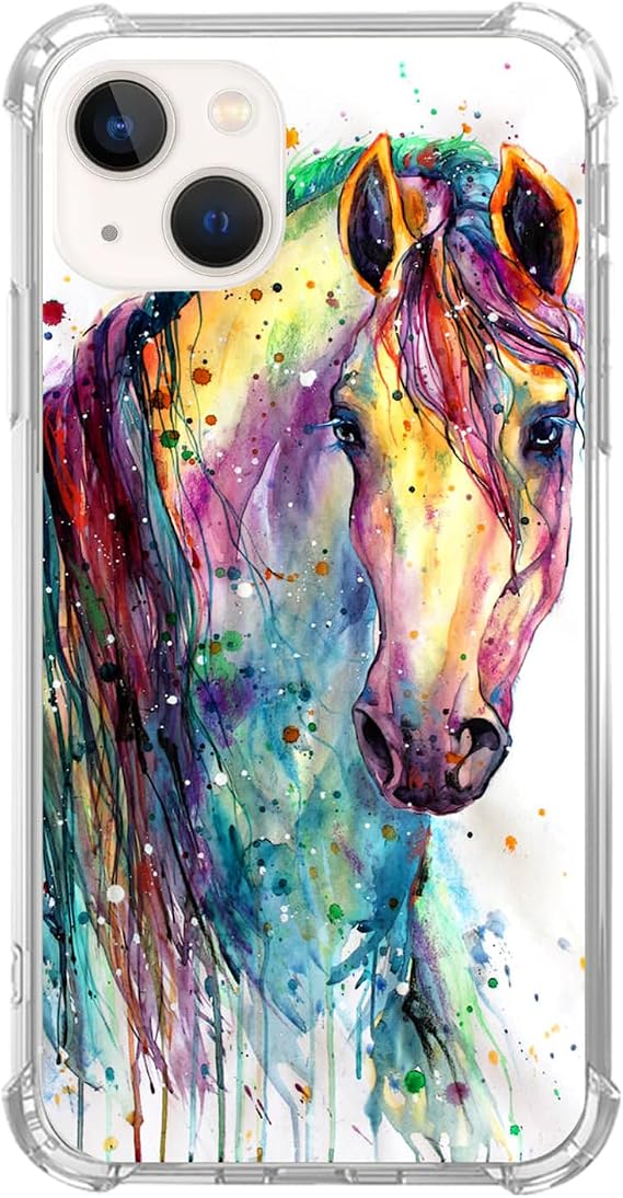 カラフルな馬ケース iPhone 14用 水彩 かわいい 動物 シリコン TPU バンパーケース スリムフィット 傷防止 保護カバー ケース iPhone 14用