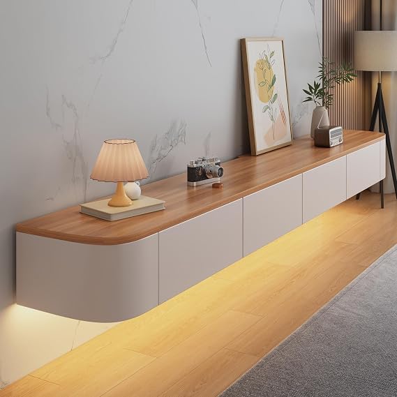 Floating TV Stand Cabinet wall mounted White Brown Floating tv Shelves with LED light & Doors & Drawer Modern Media Entertainment TV Console Storage TV Unit for Living Room (200cm/78in)
