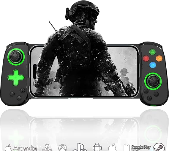 Megadream iPhoneコントローラーiPhone15/14/iOS 13.0以上/Android 6.0以上/iPad/PS3/4/Switch/PC用、クラウドゲーム/ストリーミング対応、ホールジョイスティック、6軸ジャイロスコープ、振動モーター、3段階ターボ、連射/連射ホールド、グリーンライト、codモバイル用コントローラー iPhone/Android、モダンコンバット5用、黒い