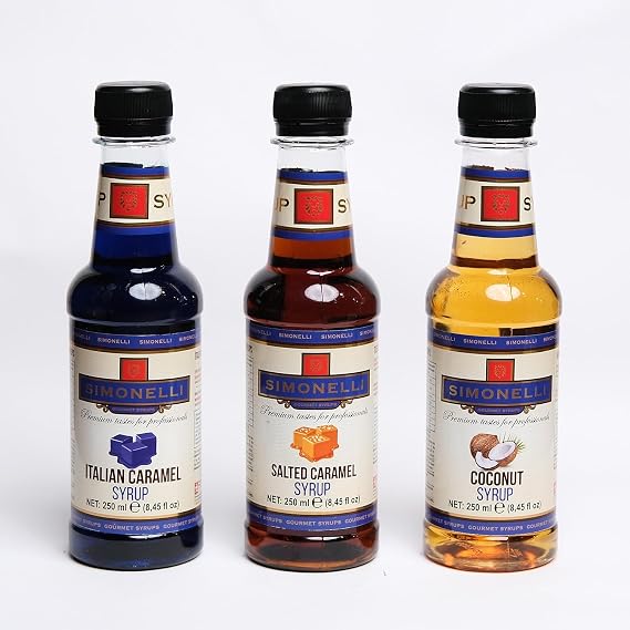 Simonelli 3'lü Kahve Şurubu Seti 250 ml (3x250 ml) - Tuzlu Karamel, Hindistan Cevizi ve İtalyan Karamel Aromalı İçecek Şurubu