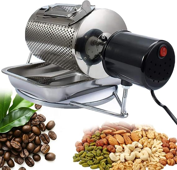 Electric Coffee Beans Roaster, Stainless Steel Drum Coffee Roaster with Visible Window and Stainless Steel Tray, 250g Capacity, Drum Design for Home Use, Cafes, Restaurants with Holes