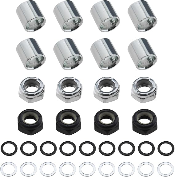 2 Sets Skateboard Truck Rebuild Kit Speed Washers & Bearing Spacers & Lock Nuts for Skateboards/Long Board Trucks (Black & Silver)