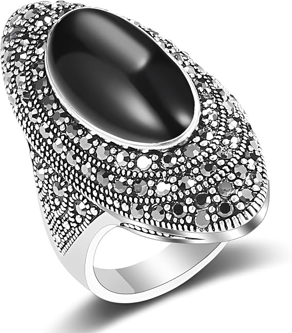 IMINI Oval Black Onyx Cocktail Ring - Silver Tone with Rhinestone Marcasite Details, Vintage Boho Statement Ring for Women, Elegant Anniversary Wedding Jewellery Gift