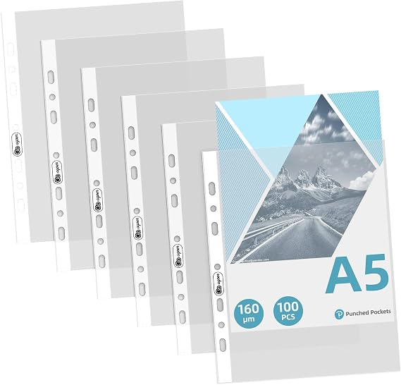 Agoer A5 Punched Pockets 100PCS, 160 Micron [Heavy Duty] A5 Plastic Wallets, 7 Hole Clear Plastic Sleeves Top Opening,Frosted Poly Pockets Document for 2/3 Ring Binders,School, Office, Home